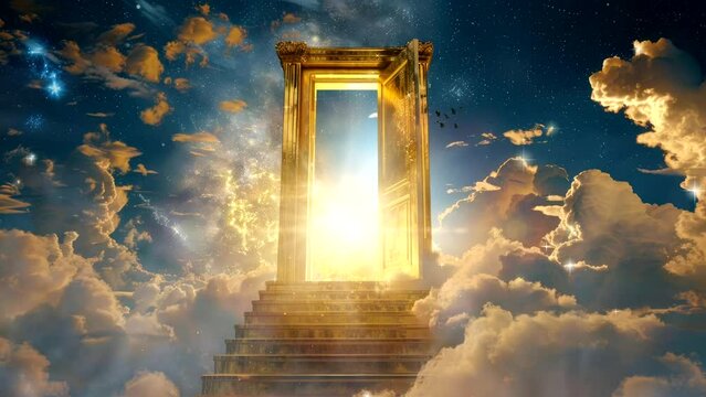 golden door open on heaven with cloud, for good man in faithful video background looping 4k