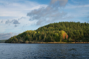 Lake Ladoga near the village Lumivaara on a sunny autumn day, Ladoga skerries, Lakhdenpokhya, Republic of Karelia, Russia