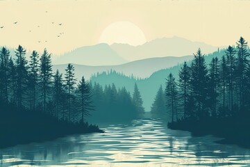 Beautiful view of forest and river vintage
