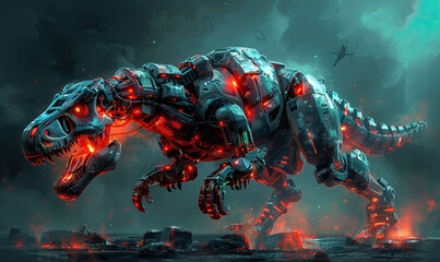 A menacing robotic dinosaur set against a fiery backdrop. Generate AI