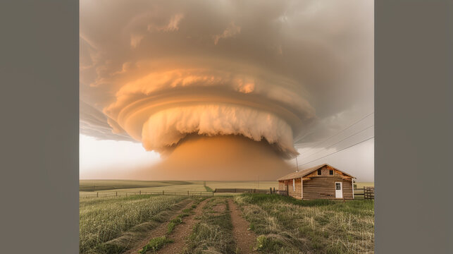 A massive shelf cloud looms over a small house amid golden fields, creating a dramatic and threatening spectacle in the rural landscape.
