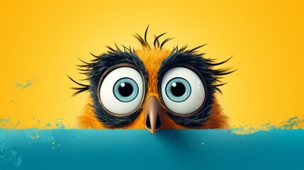 Fototapeta premium A playful bird with big eyes curiously peeks over a bright colored edge, Ai Generated