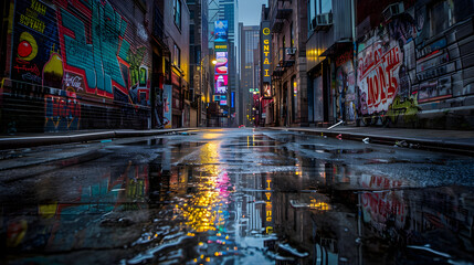Illuminated Advertisements Reflected on Wet Asphalt in a Desolate Urban Street