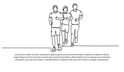 Continuous line design of young men jogging together. Single line decorative elements drawn on a white background.