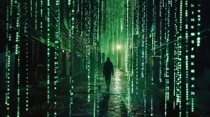 walking man, Green number and code matrix background,