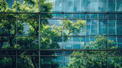 Green Reflections on Glass Building Facade