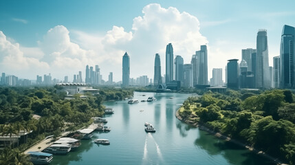 lapse aerial view of Bangkok city overlook house, river, boat, temple and high rise building, road, Tourist destination in Thailand.