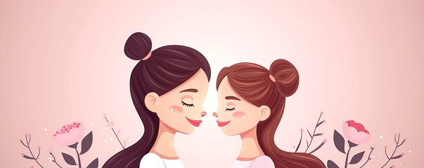 A pixel art cartoon of two happy women with smiles standing next to each other