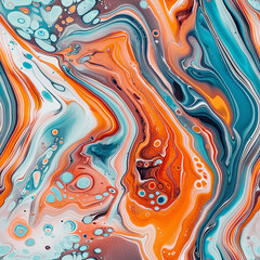 A colorful acrylic painting in a swirling marble design with shades of blue, purple, and white