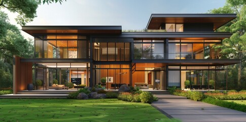 Modern twostory villa with large glass windows, wooden elements and black metal accents on the exterior walls