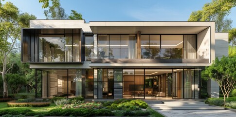Fototapeta premium Modern twostory villa with large glass windows, wooden elements and black metal accents on the exterior walls