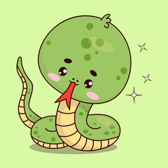 Cute snake with tongue sticking out. Funny reptile kawaii character. Vector illustration with cartoon serpent. Kids collection
