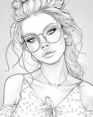 A woman with glasses and a necklace is the main subject of the image