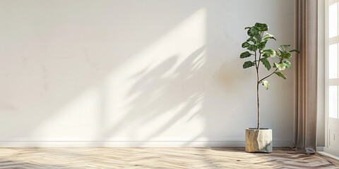 empty room with White wall mockup with brown curtain, plant and wood floor. 3D illustration.