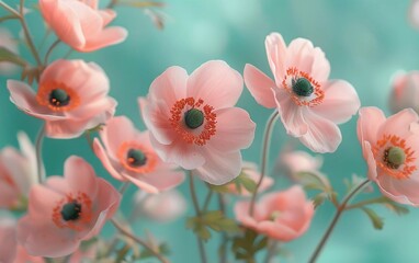 Soft pink anemone flowers outdoors in summer spring close-up on turquoise background with soft selective focus. beautiful view