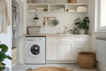 Streamlined White Utility Room with Built-In Appliances and Ample Storage