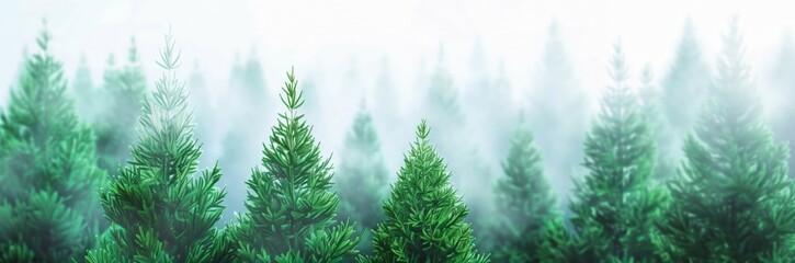 Lush green pine trees densely packed in a forest, enveloped in a soft, ethereal mist, creating a...
