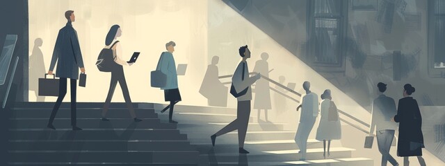 Obraz premium A flat illustration shows several people walking on the street, carrying bags and books in their hands, standing next to each other with a gray background and light gray floor.