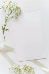 Graceful greeting card invitation isolated empty space adorned with elegant ribbon and flower decoration