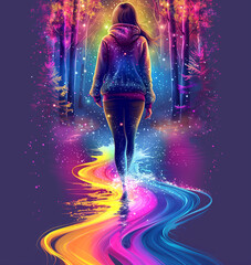 A woman is walking down a rainbow colored path