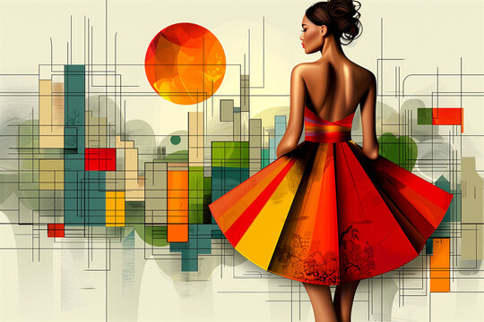 A woman in a red dress stands in front of a cityscape