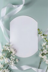 Graceful greeting card invitation isolated empty space adorned with elegant ribbon and flower decoration