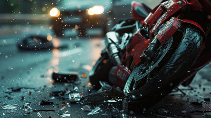 Close-up of Motorcycle Crash with Car Wreckage