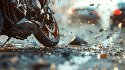 Close-up of Motorcycle Crash with Car Wreckage