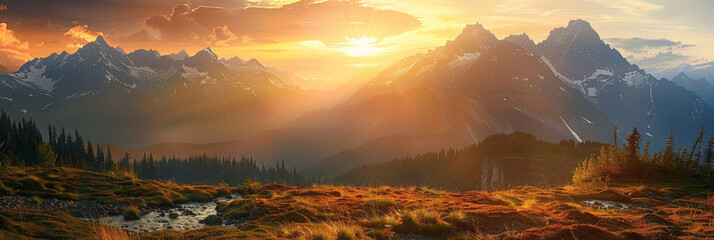 Sunset in mountains , banner