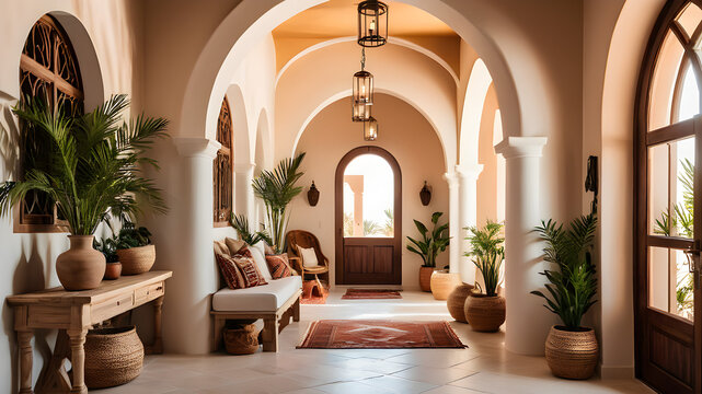 Boho, mediterranean interior design of modern home entryway, hall with arched walls - Powered by Adobe
