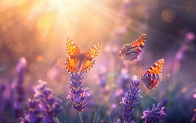 
Beautiful and amazing colorful natural views. Lavender flowers and two butterflies in summer...