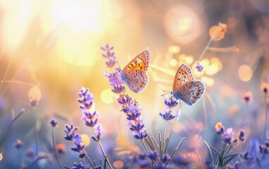 
Beautiful and amazing colorful natural views. Lavender flowers and two butterflies in summer sunlight in spring outdoors on nature macro, soft focus. very impressive view