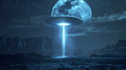 Spectacular View of Unidentified Flying Object Illuminating a Moonlit Terrain
