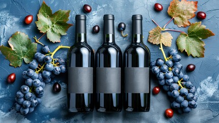 Autumn grape harvest and wine production concept. Wine Bottle Mock-Up. Bottles of red wine surrounded by bunches and leaves of grapes on blue background. 