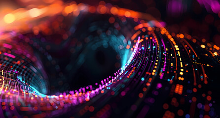 A dark background with colorful neon light swirls and glowing lines