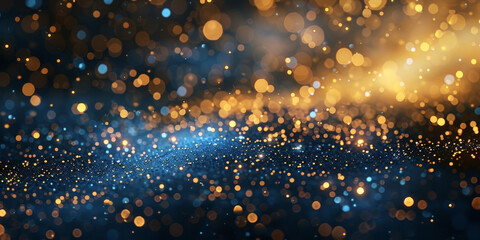 Obraz premium Abstract blurred background with gold blue bokeh lights and glitter, Dark blue and gold particle Christmas Golden light shine particles bokeh , banner