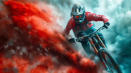 A cyclist soaring through the red and white cloud of powder in the world of sports