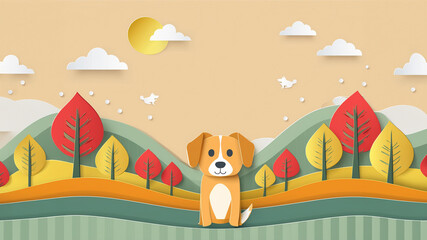 minimalist paper cutout dog landscape background wallpaper