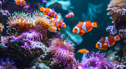 clown fish school colorful anemones purple coral reef ocean