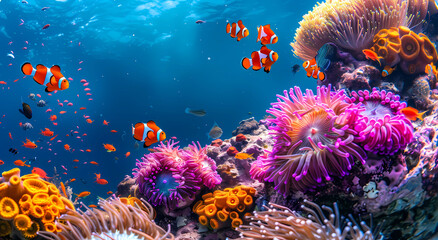clown fish school colorful anemones purple coral reef ocean