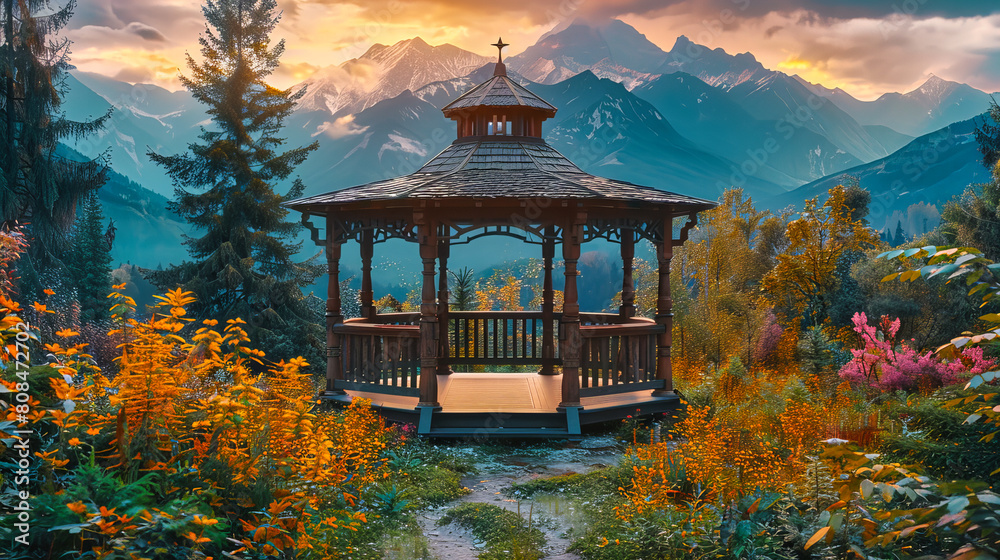 Wall mural sunrise over alpine peaks, majestic mountain landscape with snow and forest in shangri-la