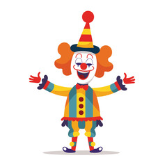 Happy clown cartoon character performing. Colorful clown entertainer smiling, gesturing welcoming. Circus isolated white background, funny performer, red nose, orange hair, big smile