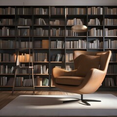A cozy reading nook with a comfortable chair, floor lamp, and bookshelves4
