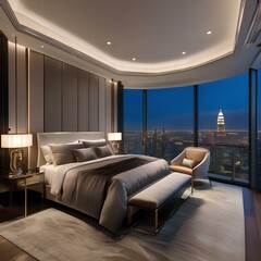 A luxurious bedroom with a king-sized bed, elegant decor, and a view of the city skyline2