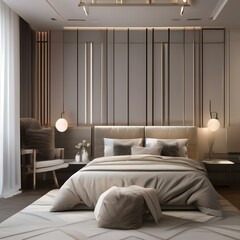 A tranquil bedroom with a neutral color palette, soft lighting, and plush bedding5
