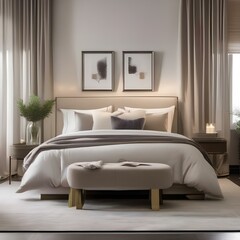 A serene bedroom with a neutral color palette, soft lighting, and sheer curtains4