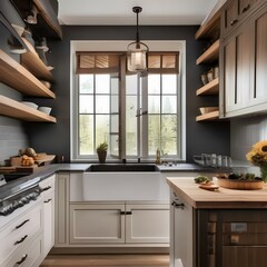 A spacious kitchen with a farmhouse sink, butcher block countertops, and open shelving1