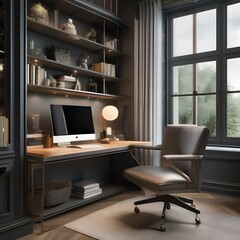 A stylish home office with a desk, ergonomic chair, and shelves filled with books1