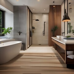 A spa-like bathroom with a soaking tub, rain shower, and natural wood accents4