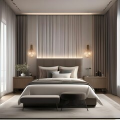 A serene bedroom with a neutral color palette, soft lighting, and sheer curtains2